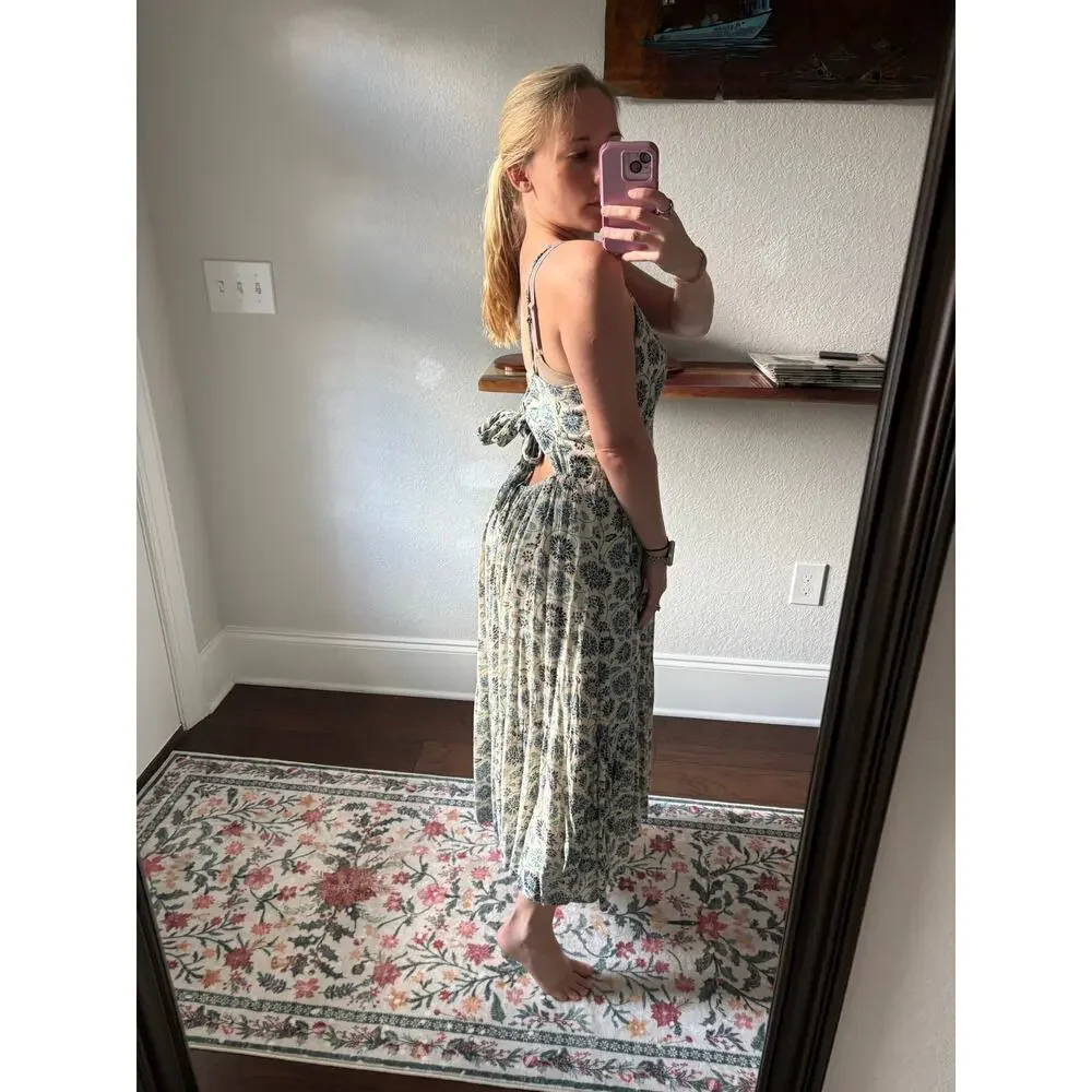 Japna Floral Midi Dress Large 100% Viscose Blue Cream Boho Block Print V-Neck L - Picture 2 of 11